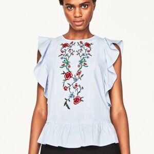 Zara Light Blue Beaded Floral Embroidery Ruffle Sleeveless Blouse with Open Back